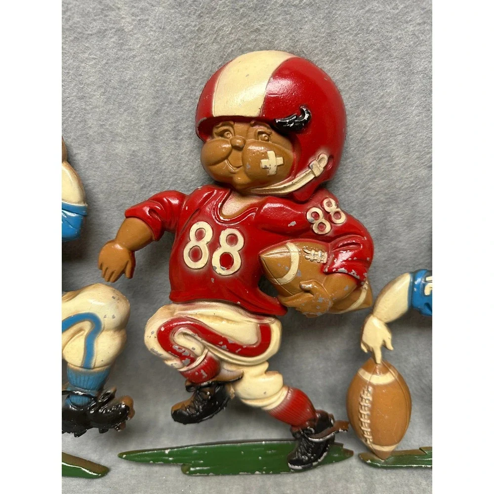 VTG Homco 1975 Football Players Wall Art Blue Red Cast Metal 3 Piece Set 1254